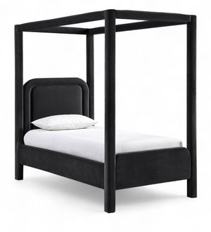 Meridian Furniture Salina Upholstered Twin Canopy Bed Sculptural Four Post Frame for Modern Bedroom Decor Black Velvet B1295Black-T