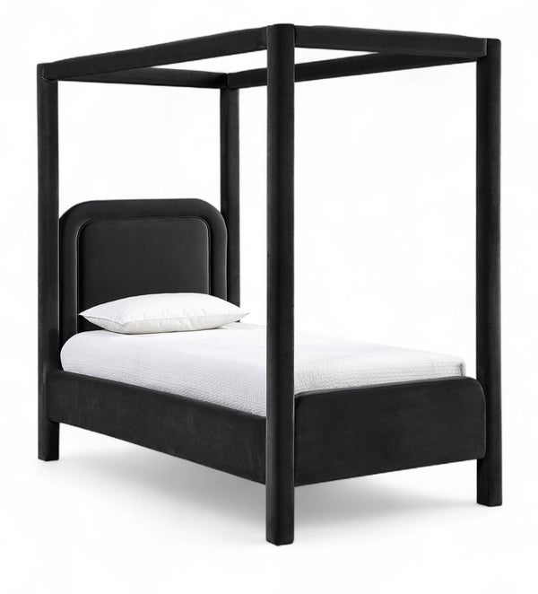 Meridian Furniture Salina Upholstered Twin Canopy Bed Sculptural Four Post Frame for Modern Bedroom Decor Black Velvet B1295Black-T
