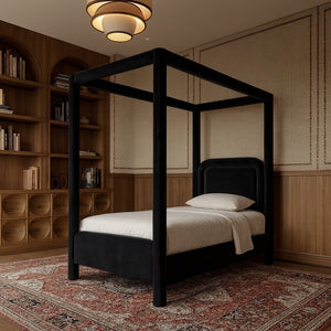 Meridian Furniture Salina Upholstered Twin Canopy Bed Sculptural Four Post Frame for Modern Bedroom Decor Black Velvet B1295Black-T