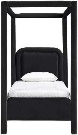 Meridian Furniture Salina Upholstered Twin Canopy Bed Sculptural Four Post Frame for Modern Bedroom Decor Black Velvet B1295Black-T