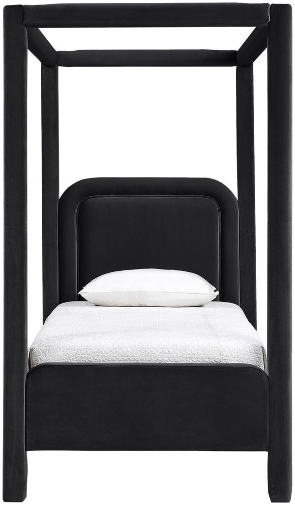 Meridian Furniture Salina Upholstered Twin Canopy Bed Sculptural Four Post Frame for Modern Bedroom Decor Black Velvet B1295Black-T