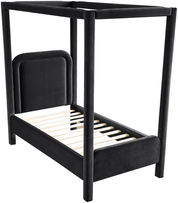 Meridian Furniture Salina Upholstered Twin Canopy Bed Sculptural Four Post Frame for Modern Bedroom Decor Black Velvet B1295Black-T