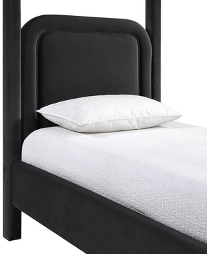 Meridian Furniture Salina Upholstered Twin Canopy Bed Sculptural Four Post Frame for Modern Bedroom Decor Black Velvet B1295Black-T