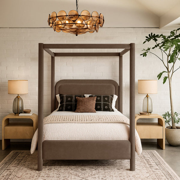 Meridian Furniture Salina Upholstered Canopy King Bed with Sculptural Four Post Frame for Modern Bedrooms Brown Velvet B1295Brown-K