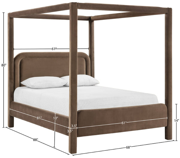 Meridian Furniture Salina Upholstered Canopy Queen Bed Four Post Sculptural Frame for Modern Bedrooms Brown Velvet B1295Brown-Q