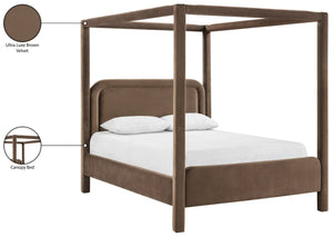Meridian Furniture Salina Upholstered Canopy Queen Bed Four Post Sculptural Frame for Modern Bedrooms Brown Velvet B1295Brown-Q