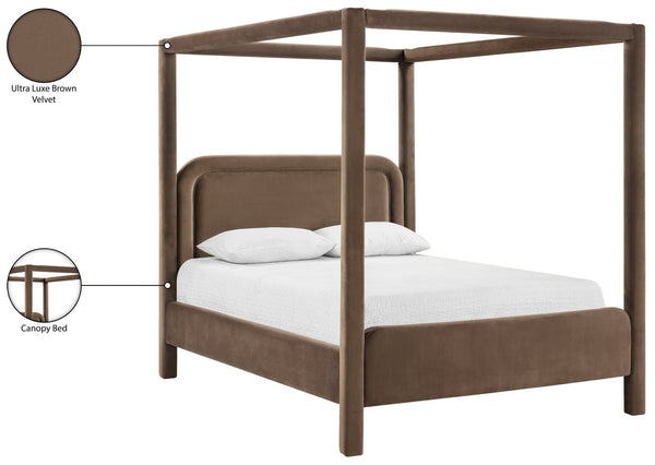Meridian Furniture Salina Upholstered Canopy Queen Bed Four Post Sculptural Frame for Modern Bedrooms Brown Velvet B1295Brown-Q