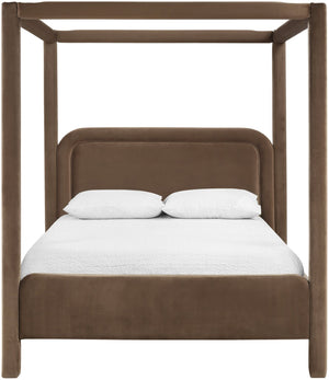 Meridian Furniture Salina Upholstered Canopy Queen Bed Four Post Sculptural Frame for Modern Bedrooms Brown Velvet B1295Brown-Q