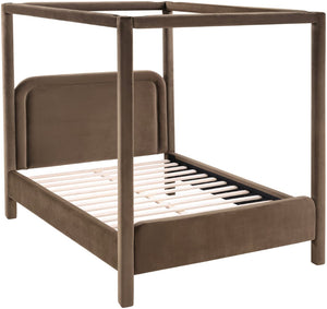 Meridian Furniture Salina Upholstered Canopy Queen Bed Four Post Sculptural Frame for Modern Bedrooms Brown Velvet B1295Brown-Q