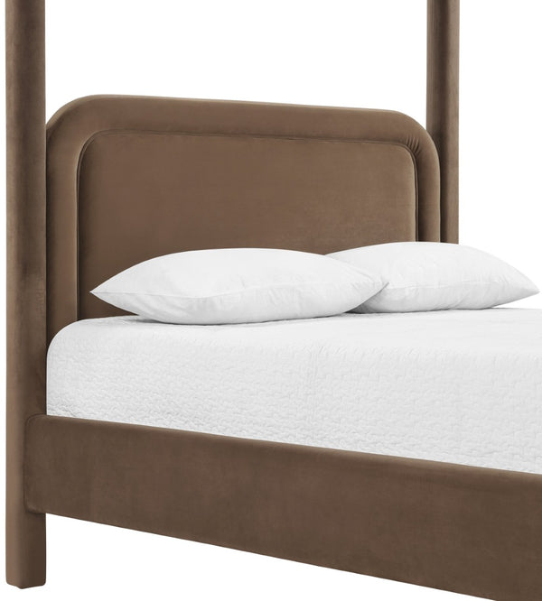 Meridian Furniture Salina Upholstered Canopy Queen Bed Four Post Sculptural Frame for Modern Bedrooms Brown Velvet B1295Brown-Q