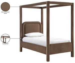 Meridian Furniture Salina Upholstered Twin Canopy Bed Sculptural Four Post Frame for Modern Bedroom Decor Brown Velvet B1295Brown-T
