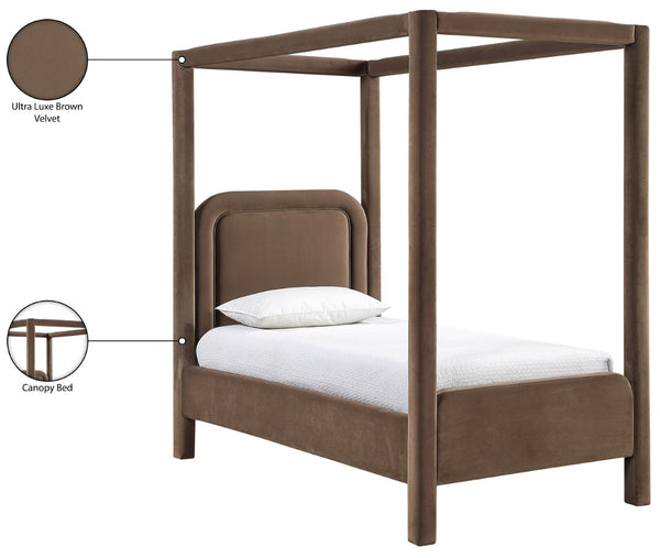 Meridian Furniture Salina Upholstered Twin Canopy Bed Sculptural Four Post Frame for Modern Bedroom Decor Brown Velvet B1295Brown-T