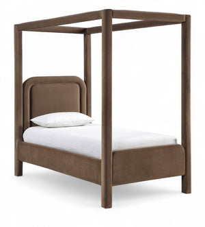 Meridian Furniture Salina Upholstered Twin Canopy Bed Sculptural Four Post Frame for Modern Bedroom Decor Brown Velvet B1295Brown-T