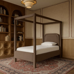 Meridian Furniture Salina Upholstered Twin Canopy Bed Sculptural Four Post Frame for Modern Bedroom Decor Brown Velvet B1295Brown-T