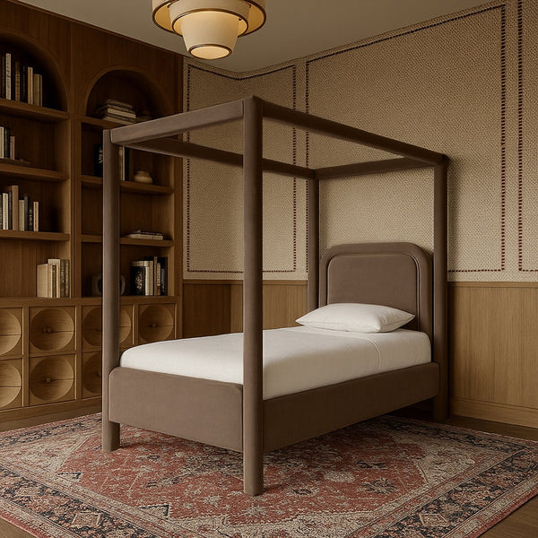 Meridian Furniture Salina Upholstered Twin Canopy Bed Sculptural Four Post Frame for Modern Bedroom Decor Brown Velvet B1295Brown-T