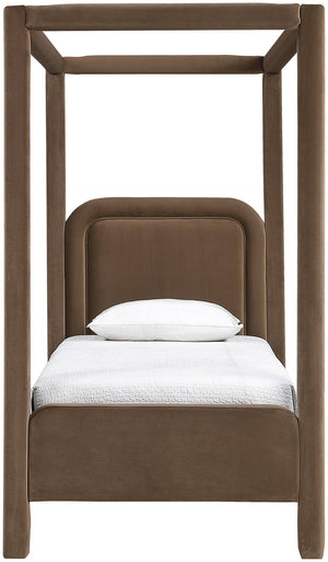 Meridian Furniture Salina Upholstered Twin Canopy Bed Sculptural Four Post Frame for Modern Bedroom Decor Brown Velvet B1295Brown-T