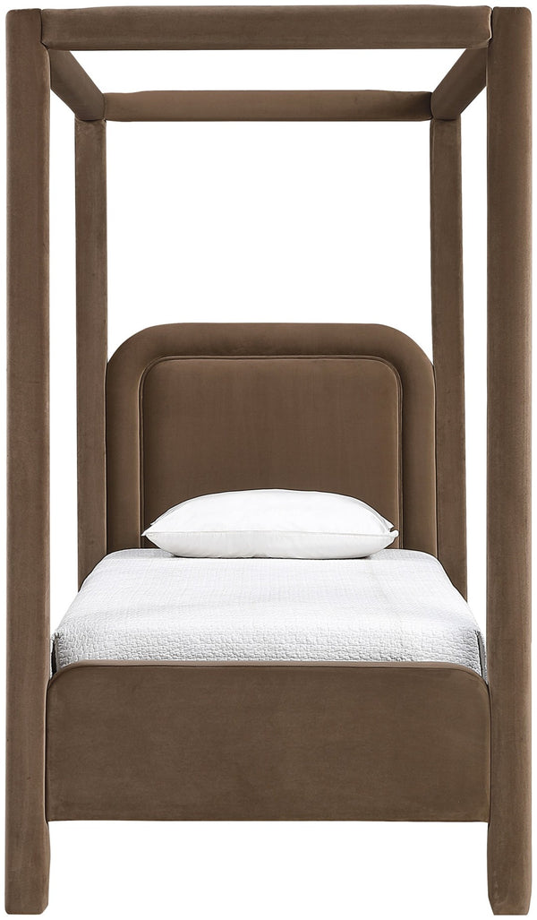 Meridian Furniture Salina Upholstered Twin Canopy Bed Sculptural Four Post Frame for Modern Bedroom Decor Brown Velvet B1295Brown-T