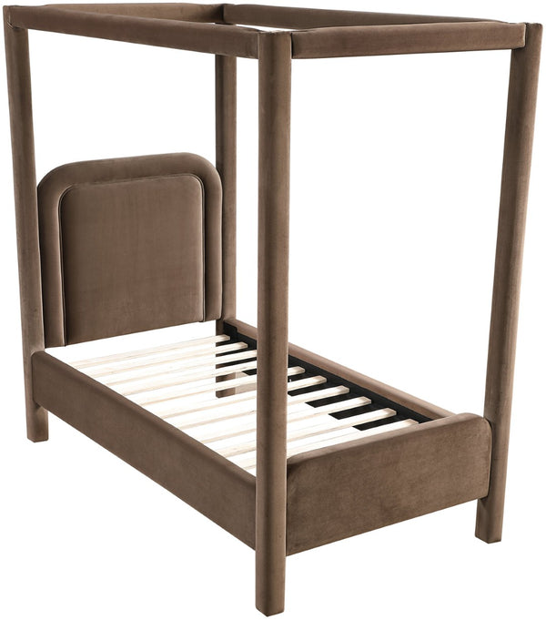 Meridian Furniture Salina Upholstered Twin Canopy Bed Sculptural Four Post Frame for Modern Bedroom Decor Brown Velvet B1295Brown-T