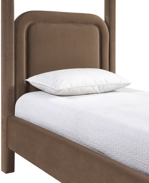 Meridian Furniture Salina Upholstered Twin Canopy Bed Sculptural Four Post Frame for Modern Bedroom Decor Brown Velvet B1295Brown-T