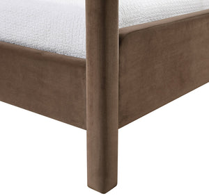Meridian Furniture Salina Upholstered Twin Canopy Bed Sculptural Four Post Frame for Modern Bedroom Decor Brown Velvet B1295Brown-T