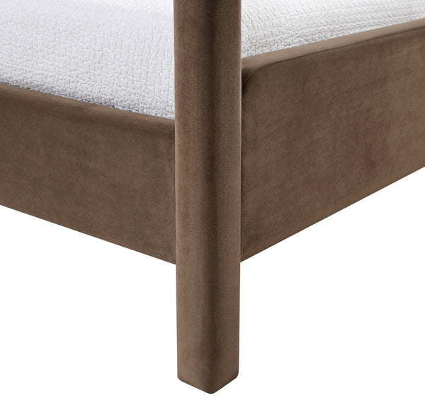 Meridian Furniture Salina Upholstered Twin Canopy Bed Sculptural Four Post Frame for Modern Bedroom Decor Brown Velvet B1295Brown-T