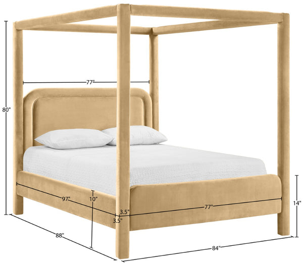 Meridian Furniture Salina Upholstered Canopy King Bed with Sculptural Four Post Frame for Modern Bedrooms Camel Velvet B1295Camel-K