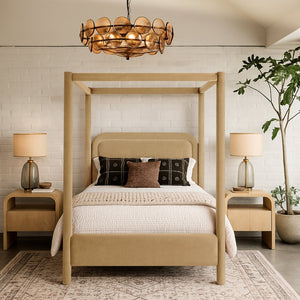 Meridian Furniture Salina Upholstered Canopy King Bed with Sculptural Four Post Frame for Modern Bedrooms Camel Velvet B1295Camel-K