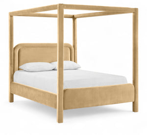 Meridian Furniture Salina Upholstered Canopy Queen Bed Four Post Sculptural Frame for Modern Bedrooms Camel Velvet B1295Camel-Q