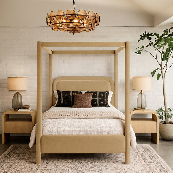 Meridian Furniture Salina Upholstered Canopy Queen Bed Four Post Sculptural Frame for Modern Bedrooms Camel Velvet B1295Camel-Q