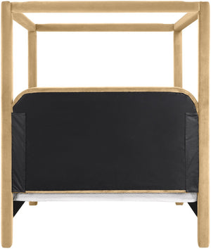 Meridian Furniture Salina Upholstered Canopy Queen Bed Four Post Sculptural Frame for Modern Bedrooms Camel Velvet B1295Camel-Q