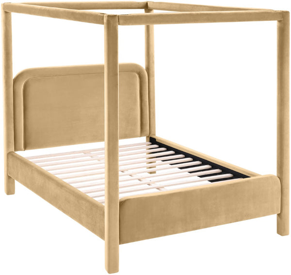 Meridian Furniture Salina Upholstered Canopy Queen Bed Four Post Sculptural Frame for Modern Bedrooms Camel Velvet B1295Camel-Q