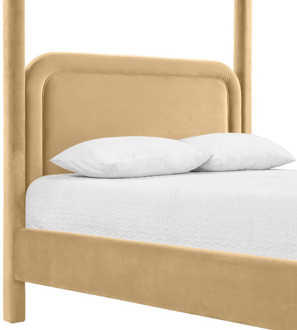 Meridian Furniture Salina Upholstered Canopy Queen Bed Four Post Sculptural Frame for Modern Bedrooms Camel Velvet B1295Camel-Q