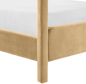 Meridian Furniture Salina Upholstered Canopy Queen Bed Four Post Sculptural Frame for Modern Bedrooms Camel Velvet B1295Camel-Q