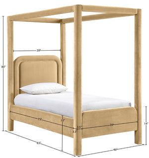 Meridian Furniture Salina Upholstered Twin Canopy Bed Sculptural Four Post Frame for Modern Bedroom Decor Camel Velvet B1295Camel-T
