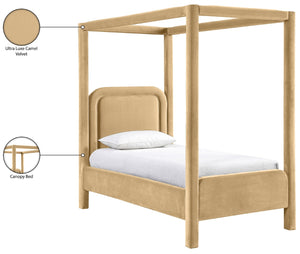 Meridian Furniture Salina Upholstered Twin Canopy Bed Sculptural Four Post Frame for Modern Bedroom Decor Camel Velvet B1295Camel-T