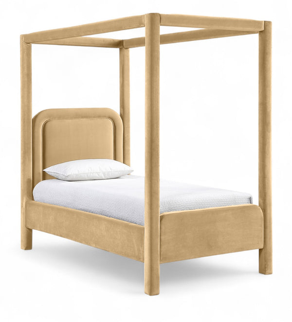 Meridian Furniture Salina Upholstered Twin Canopy Bed Sculptural Four Post Frame for Modern Bedroom Decor Camel Velvet B1295Camel-T