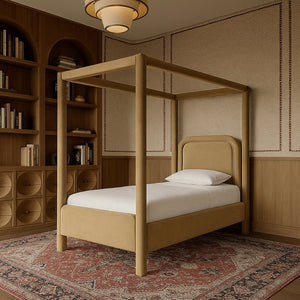 Meridian Furniture Salina Upholstered Twin Canopy Bed Sculptural Four Post Frame for Modern Bedroom Decor Camel Velvet B1295Camel-T