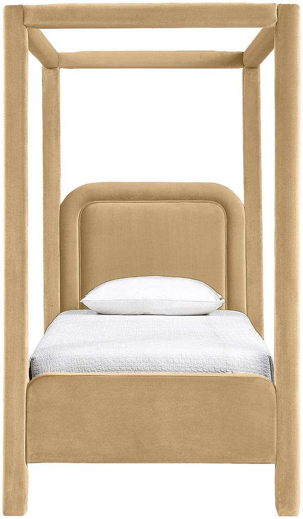 Meridian Furniture Salina Upholstered Twin Canopy Bed Sculptural Four Post Frame for Modern Bedroom Decor Camel Velvet B1295Camel-T