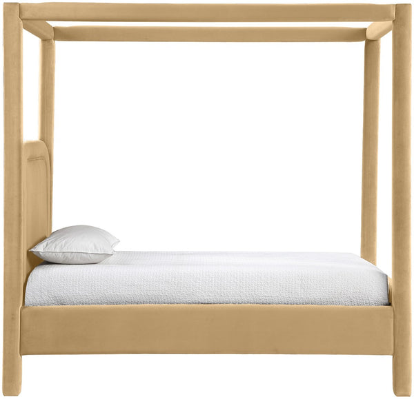 Meridian Furniture Salina Upholstered Twin Canopy Bed Sculptural Four Post Frame for Modern Bedroom Decor Camel Velvet B1295Camel-T