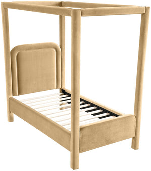 Meridian Furniture Salina Upholstered Twin Canopy Bed Sculptural Four Post Frame for Modern Bedroom Decor Camel Velvet B1295Camel-T