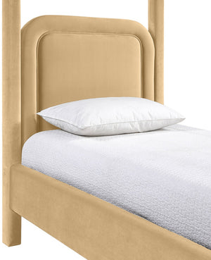 Meridian Furniture Salina Upholstered Twin Canopy Bed Sculptural Four Post Frame for Modern Bedroom Decor Camel Velvet B1295Camel-T