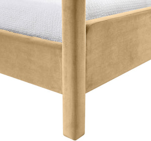 Meridian Furniture Salina Upholstered Twin Canopy Bed Sculptural Four Post Frame for Modern Bedroom Decor Camel Velvet B1295Camel-T