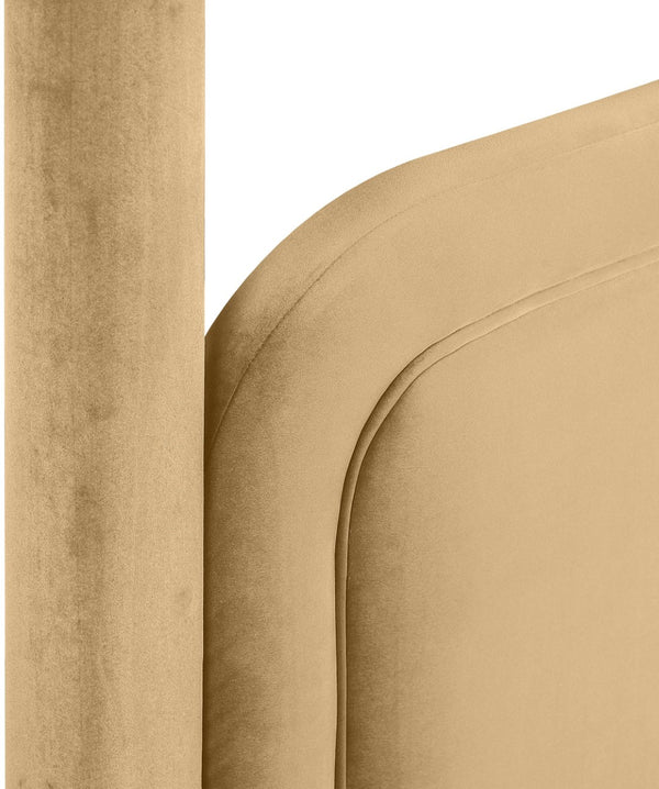 Meridian Furniture Salina Upholstered Twin Canopy Bed Sculptural Four Post Frame for Modern Bedroom Decor Camel Velvet B1295Camel-T