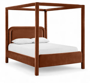 Meridian Furniture Salina Upholstered Canopy Queen Bed Four Post Sculptural Frame for Modern Bedrooms Cognac Velvet B1295Cognac-Q