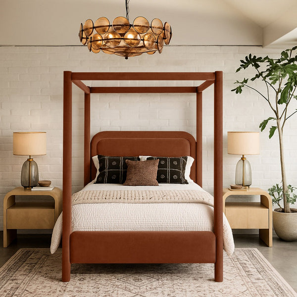 Meridian Furniture Salina Upholstered Canopy Queen Bed Four Post Sculptural Frame for Modern Bedrooms Cognac Velvet B1295Cognac-Q
