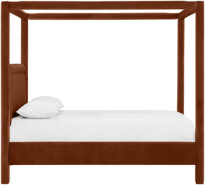 Meridian Furniture Salina Upholstered Canopy Queen Bed Four Post Sculptural Frame for Modern Bedrooms Cognac Velvet B1295Cognac-Q