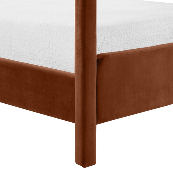 Meridian Furniture Salina Upholstered Canopy Queen Bed Four Post Sculptural Frame for Modern Bedrooms Cognac Velvet B1295Cognac-Q