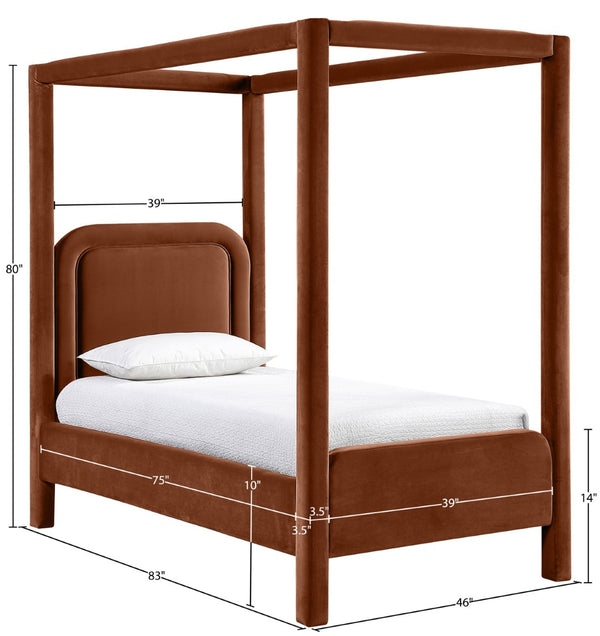 Meridian Furniture Salina Upholstered Twin Canopy Bed Sculptural Four Post Frame for Modern Bedroom Decor Cognac Velvet B1295Cognac-T