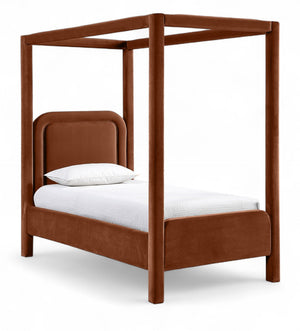 Meridian Furniture Salina Upholstered Twin Canopy Bed Sculptural Four Post Frame for Modern Bedroom Decor Cognac Velvet B1295Cognac-T