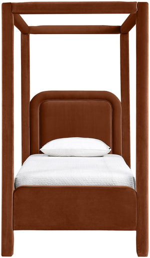 Meridian Furniture Salina Upholstered Twin Canopy Bed Sculptural Four Post Frame for Modern Bedroom Decor Cognac Velvet B1295Cognac-T